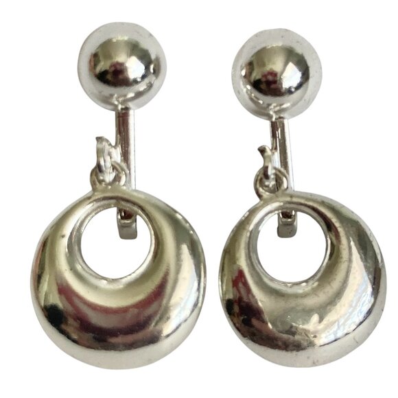 Vintage Clip On Earrings Silver Plated Dangle Round Drop Minimalist Door Knocker - Picture 1 of 11